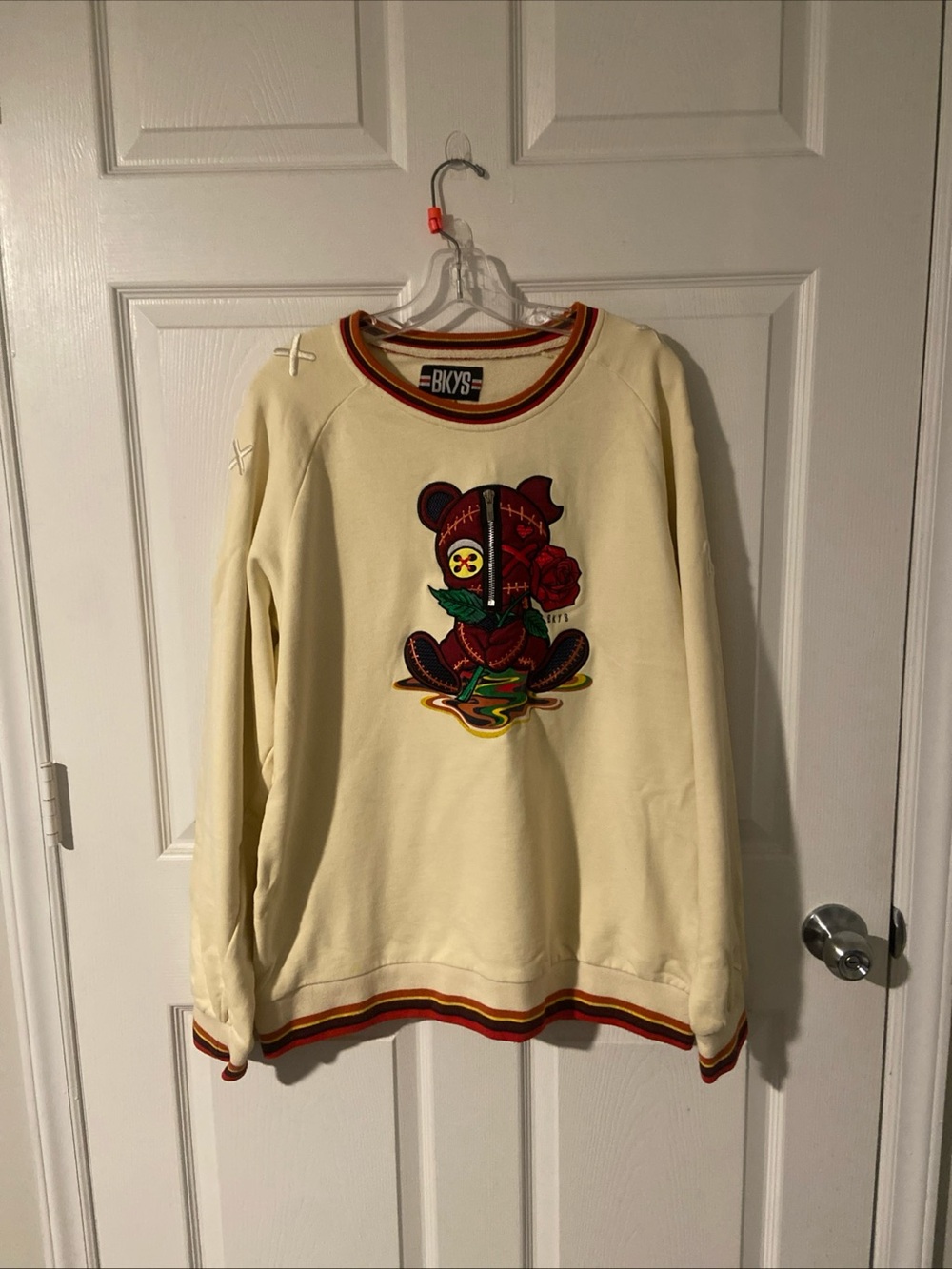 BKYS Cream Crewneck Sweater with Embroidered Bear Motif
